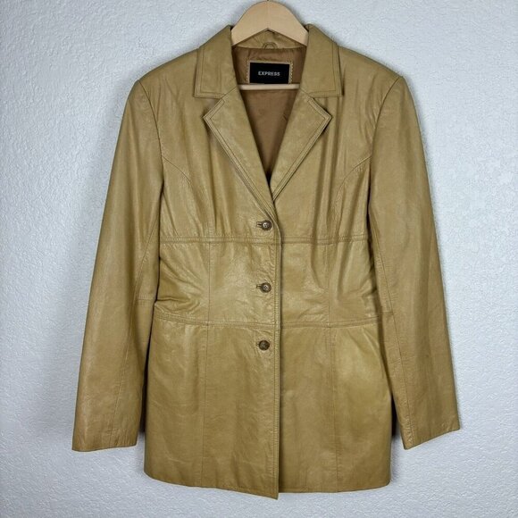 VINTAGE‎ EXPRESS Leather Jacket Tan Womens 9/10 Weathered Western Boho Festival - Picture 1 of 11